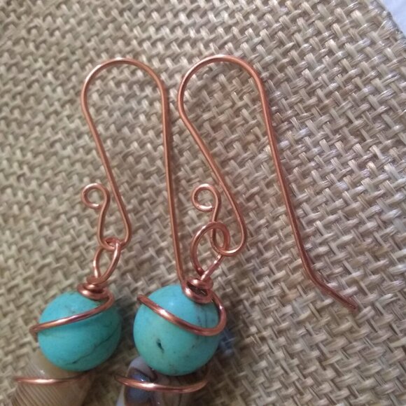 Aqua Turquoise & Tan Stack Stone Earrings ~ Handmade Copper Wire Wrap & Ear Wire - Picture 8 of 11
